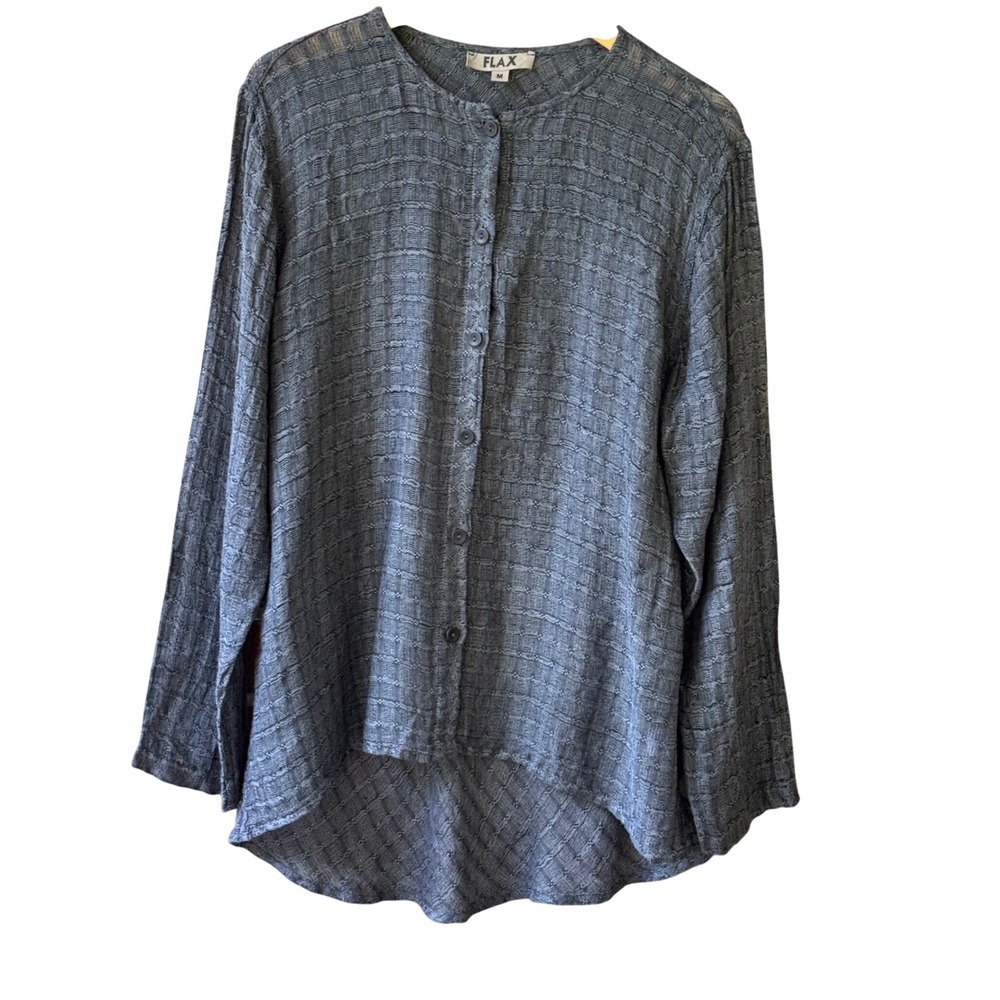 FLAX Linen Button Down Blouse Womens M Gray EUC Textured High Low Long Sleeve